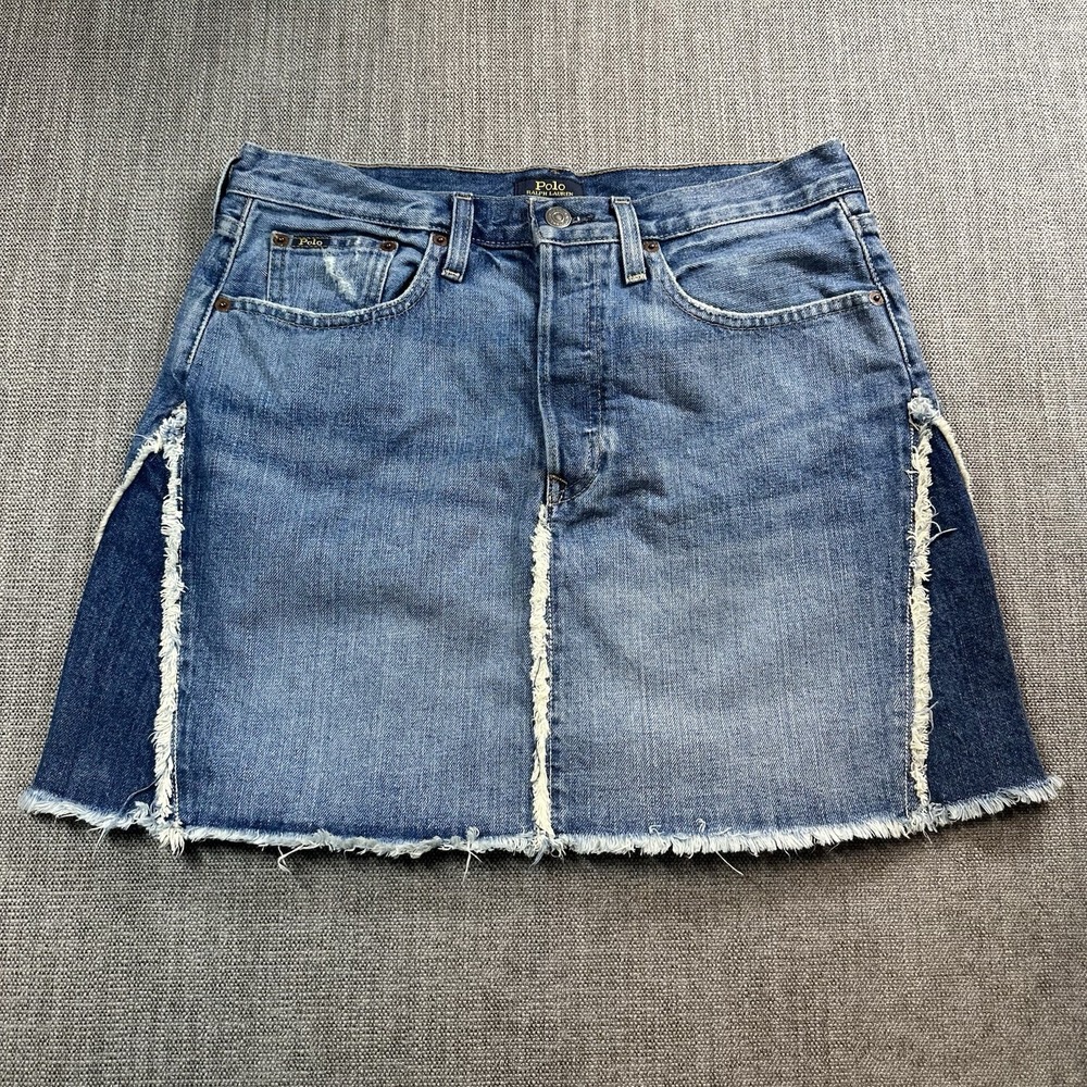 Polo Ralph Lauren Womens Denim Skirt W28 Blue A Line Raw Hem Patchwork Cotton